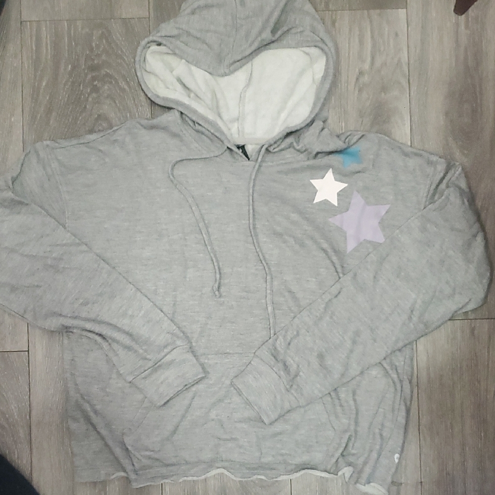Wildfox Light Gray Star Hoodie with Lavender and White Accents